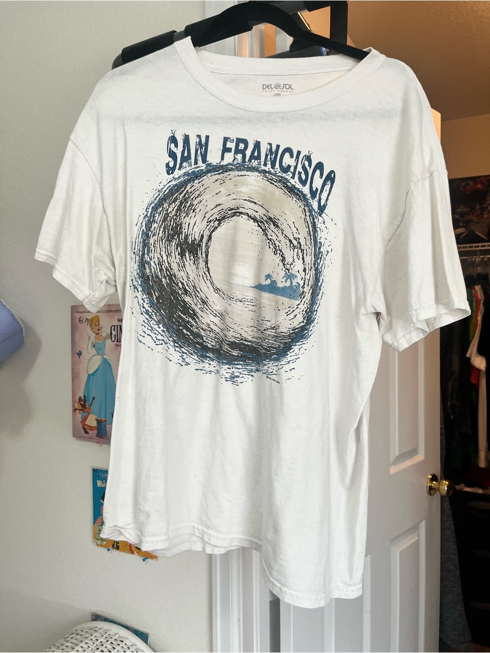White San Francisco cotton t-shirt with blue wave graphic